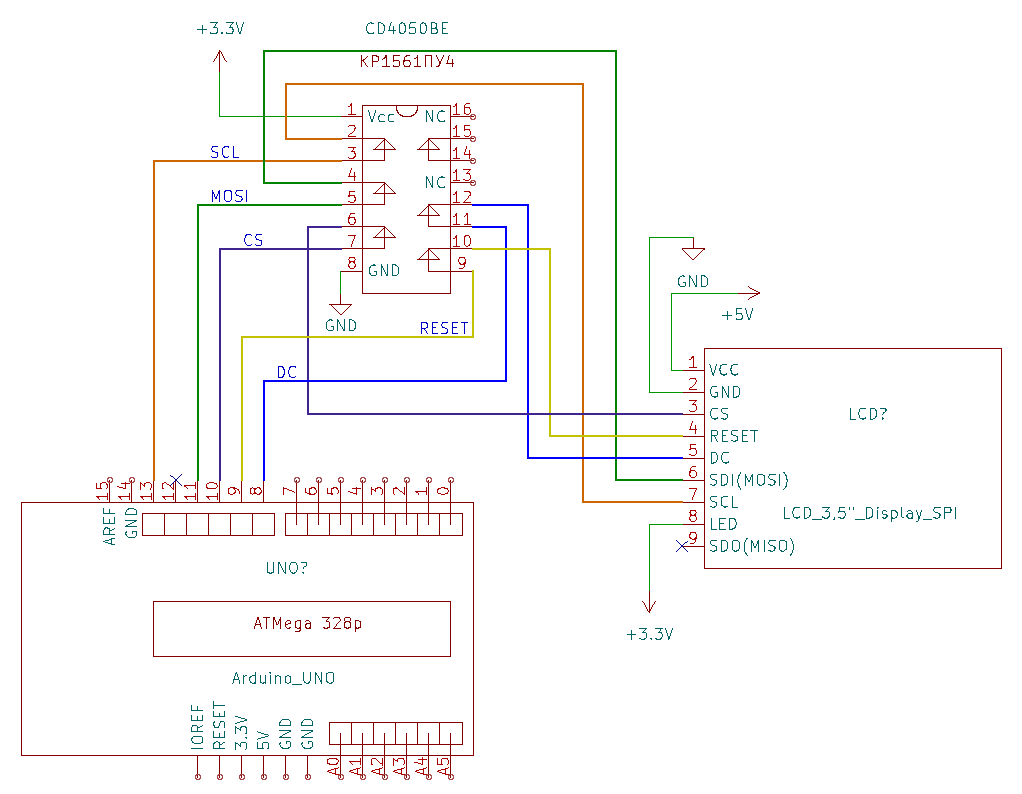 Подключение LCD экрана к Arduino UNO (Mini, Nano) 
                               через микросхему преобразователя уровня. КР1561ПУ4 (CD4050DE)